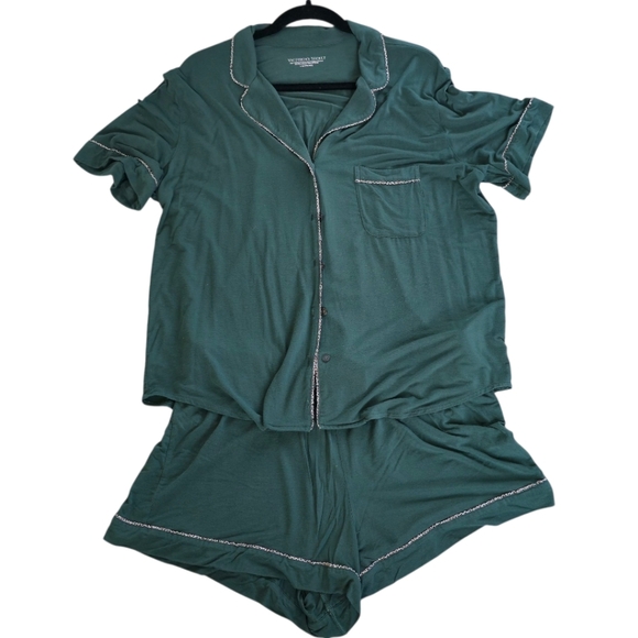 VS Victoria's Secret Green Pajama Set - Large - Cheetah Print Trim - Picture 2 of 10